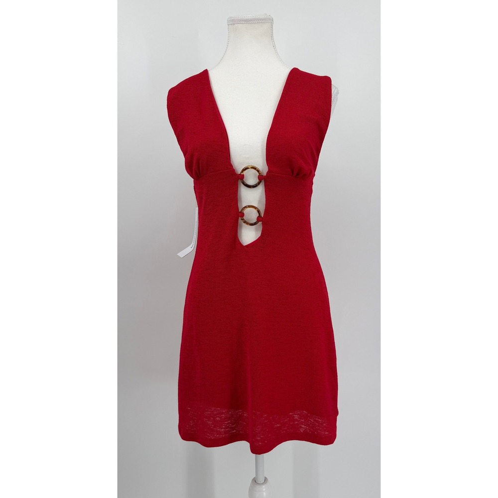 Princess Polly Petite Red Slub Knit Mini Dress Tortoise O-Ring Tie Shoulder US 6